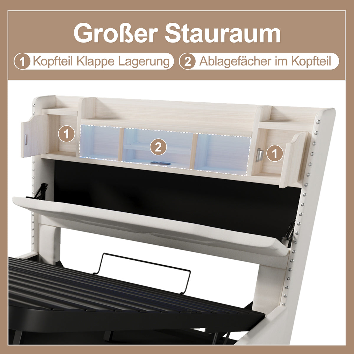 Upholstered Hydraulic Storage Bed 140x200cm LED Light, Beige