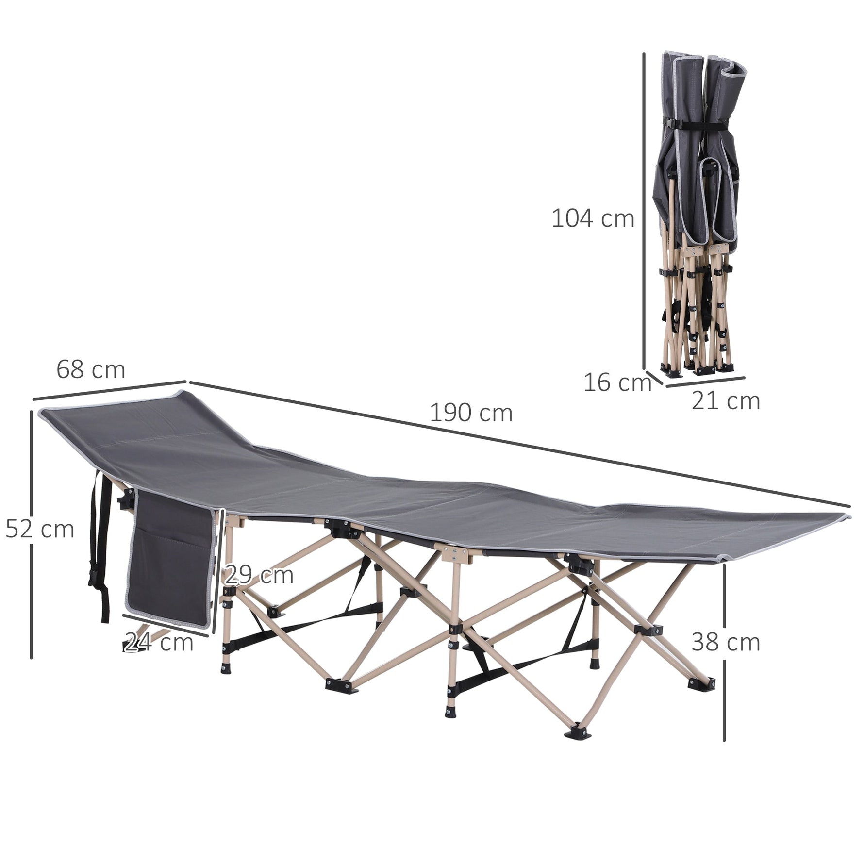 Camp Bed, Foldable Camping Lounger with Carry Bag, Steel Oxford Grey