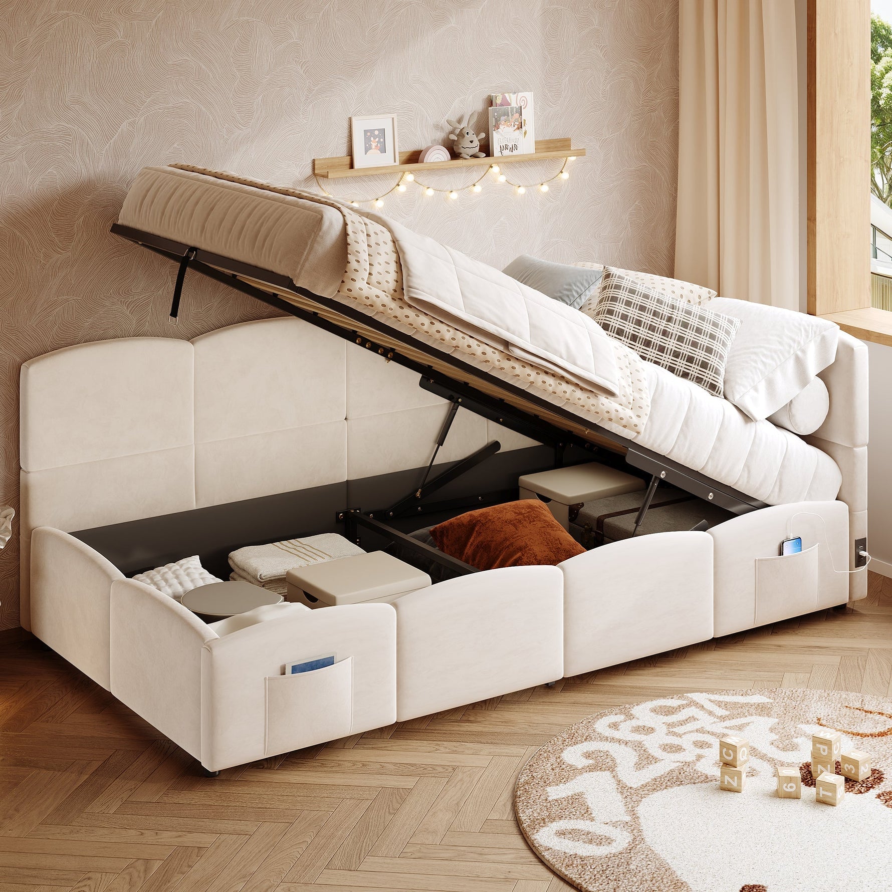 Upholstered Sofa Bed with USB Charger and Storage Bag, 90x200cm, Beige Velvet