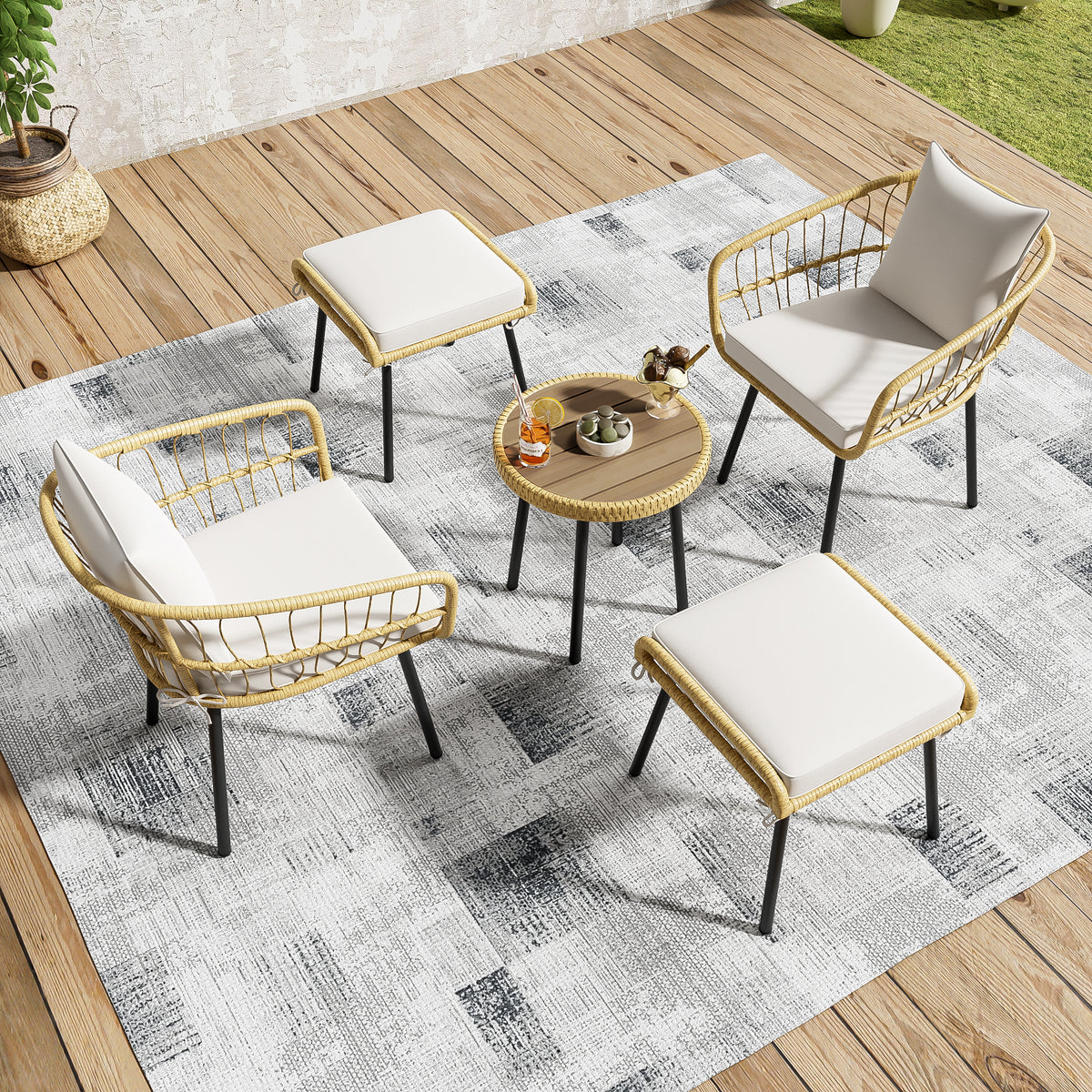 5-Piece Garden Lounge Set with Table, Chairs & Stools, Natural Rattan