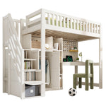 Children's Loft Bed with Desk, Wardrobe, Ladder Cabinet and USB Ports, 90x200cm, White Wood