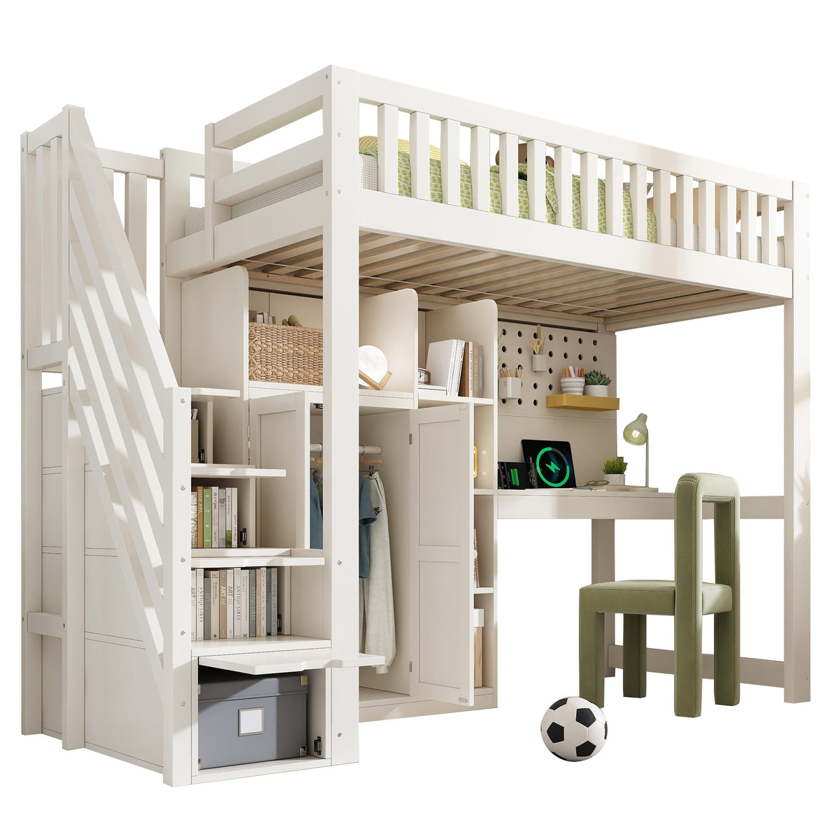Children's Loft Bed with Desk, Wardrobe, Ladder Cabinet and USB Ports, 90x200cm, White Wood