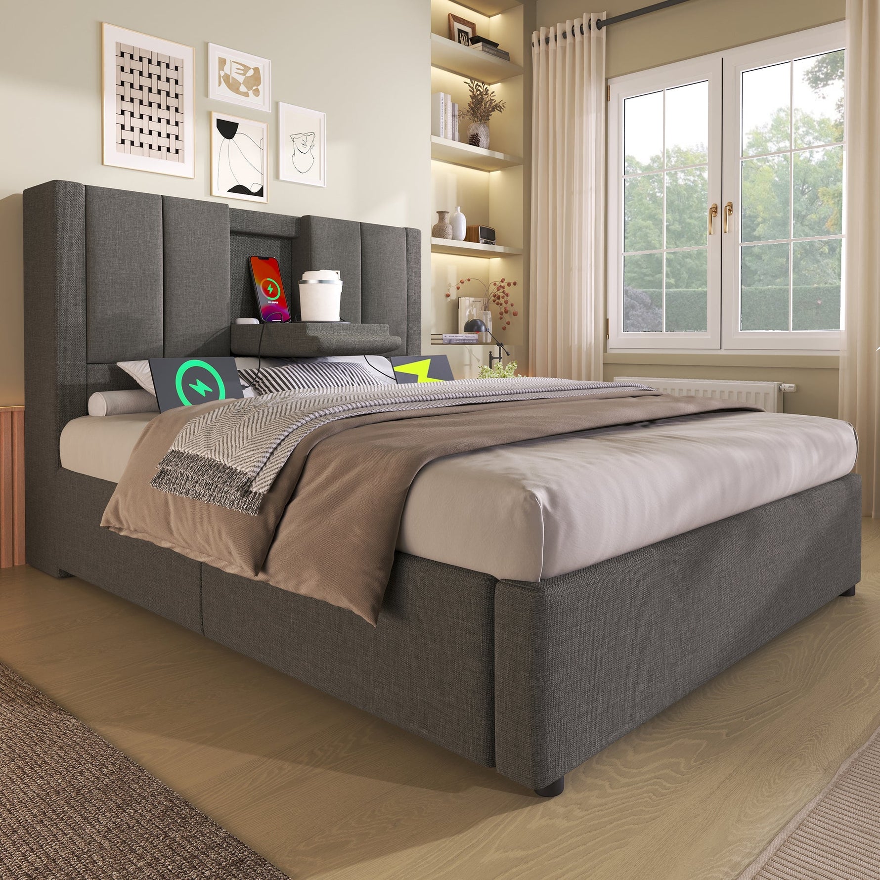 Upholstered Single Bed 90x200cm Hydraulic Storage Cup Holder Charging Station Linen Grey