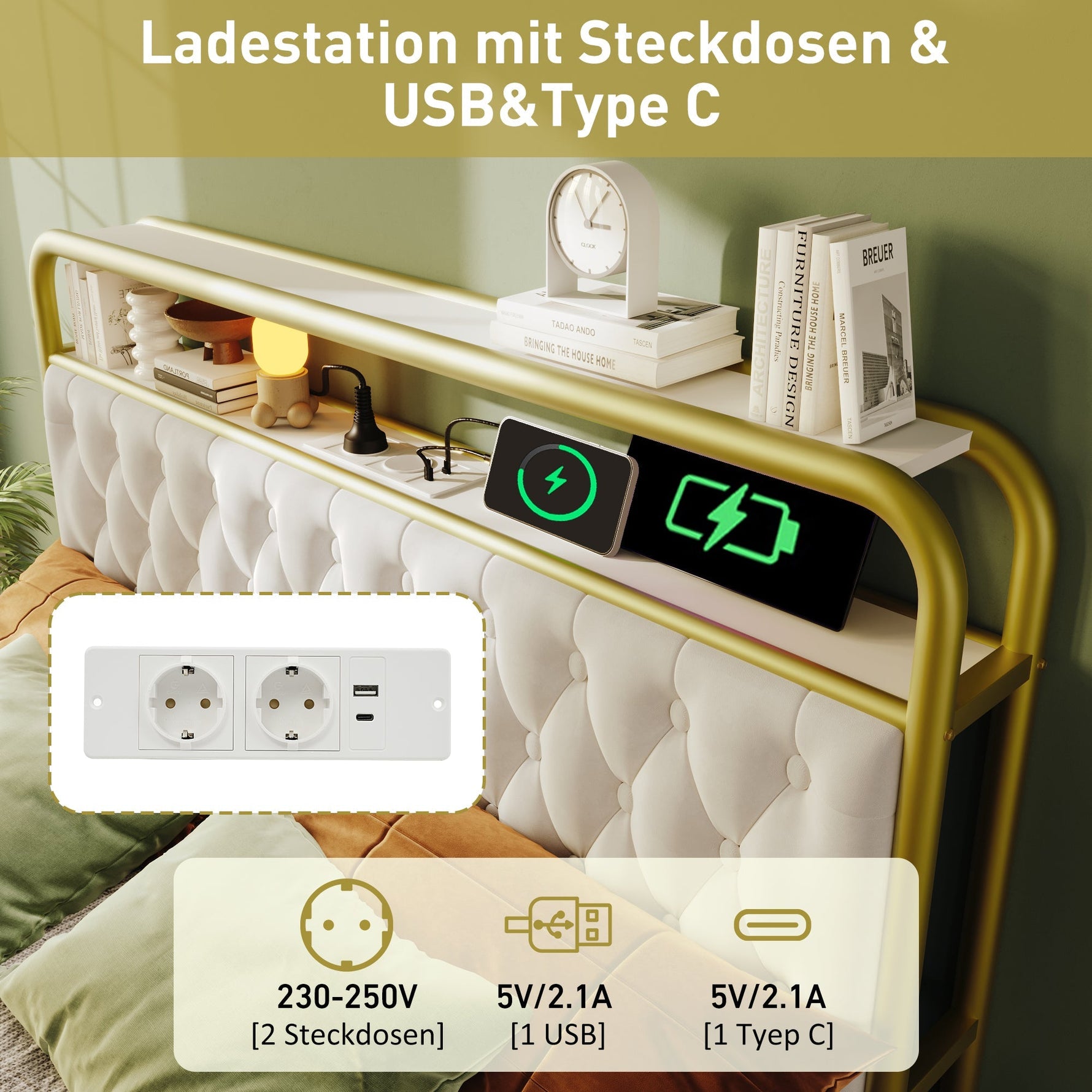 Upholstered Double Bed, USB-C Charging, APP-Control LED, 4 Drawers, Velvet