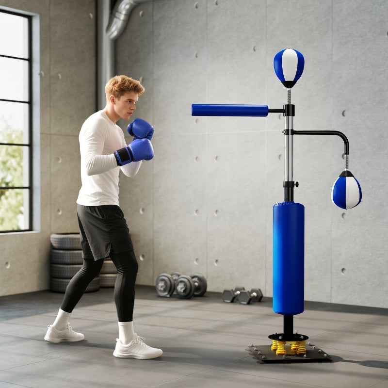 Boxing Stand Adjustable Height with Two Speedballs, Rotating Bar, Kick Pads Steel, Blue