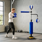 Boxing Stand Adjustable Height with Two Speedballs, Rotating Bar, Kick Pads Steel, Blue