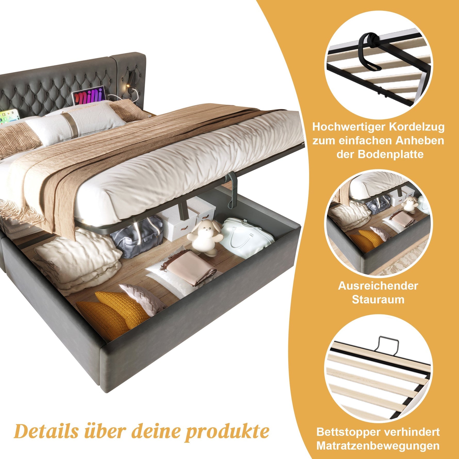 Bedroom Set, Upholstered Hydraulic Storage Double Bed 160x200cm with 2 Bedside Tables, Headboard Reading Light & USB, Gray Velvet