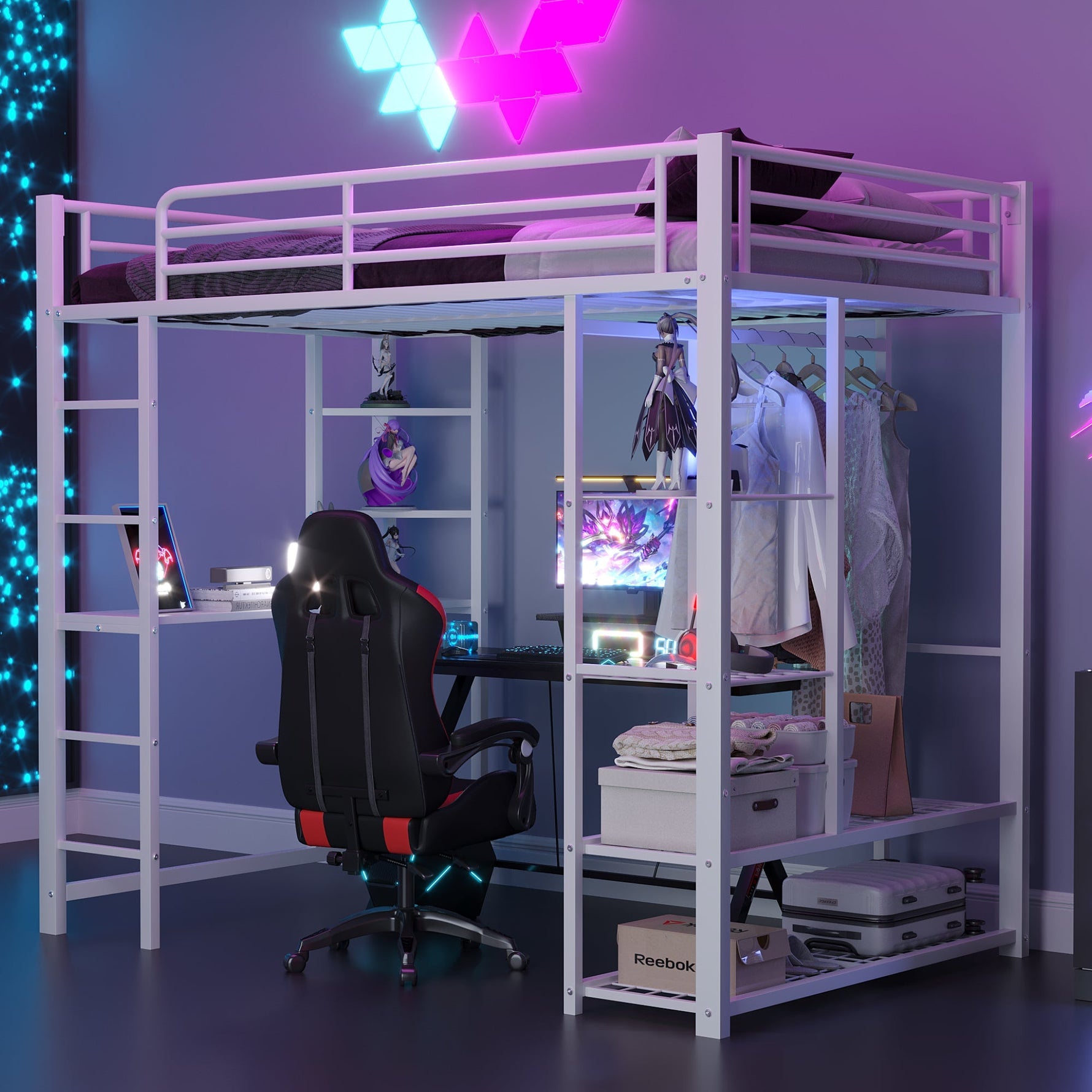 Loft Bed, Ladder & Table, Storage, White