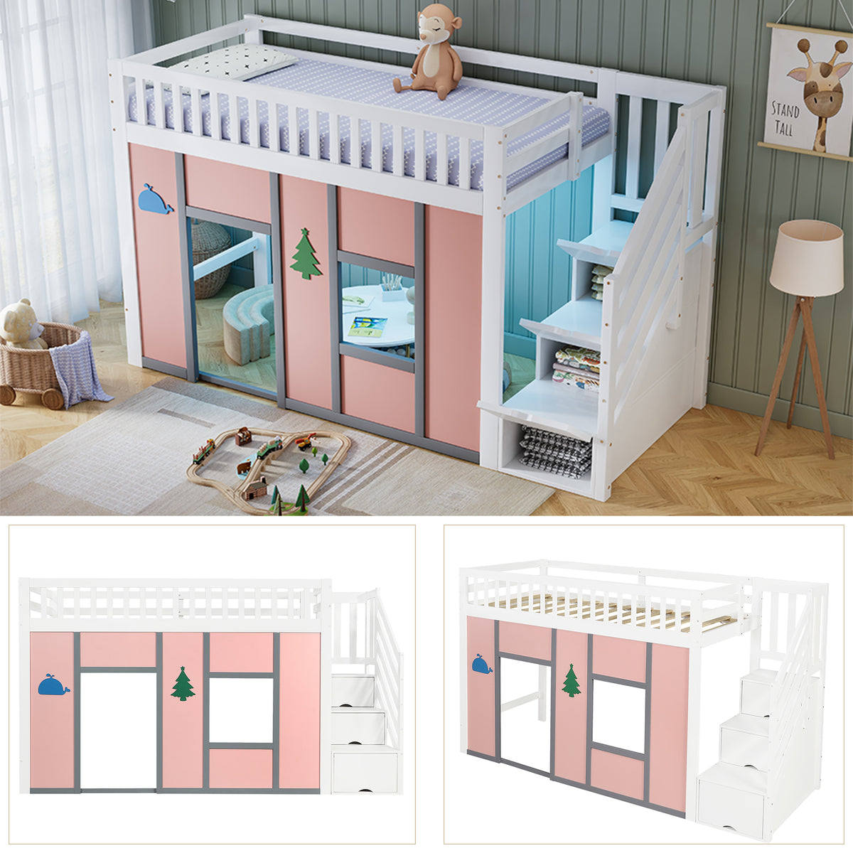Children's Loft Bed 90x200 cm with Storage Stairs in White & Pink