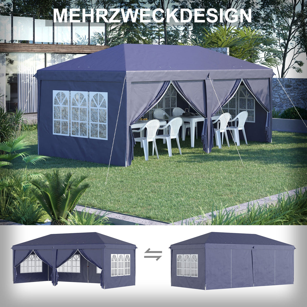 Folding Pavilion 5.85x2.95m UV Protection Side Walls Steel, Blue