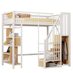Multifunctional Loft Bed 90x200cm Storage Shelves Stairs, Metal White