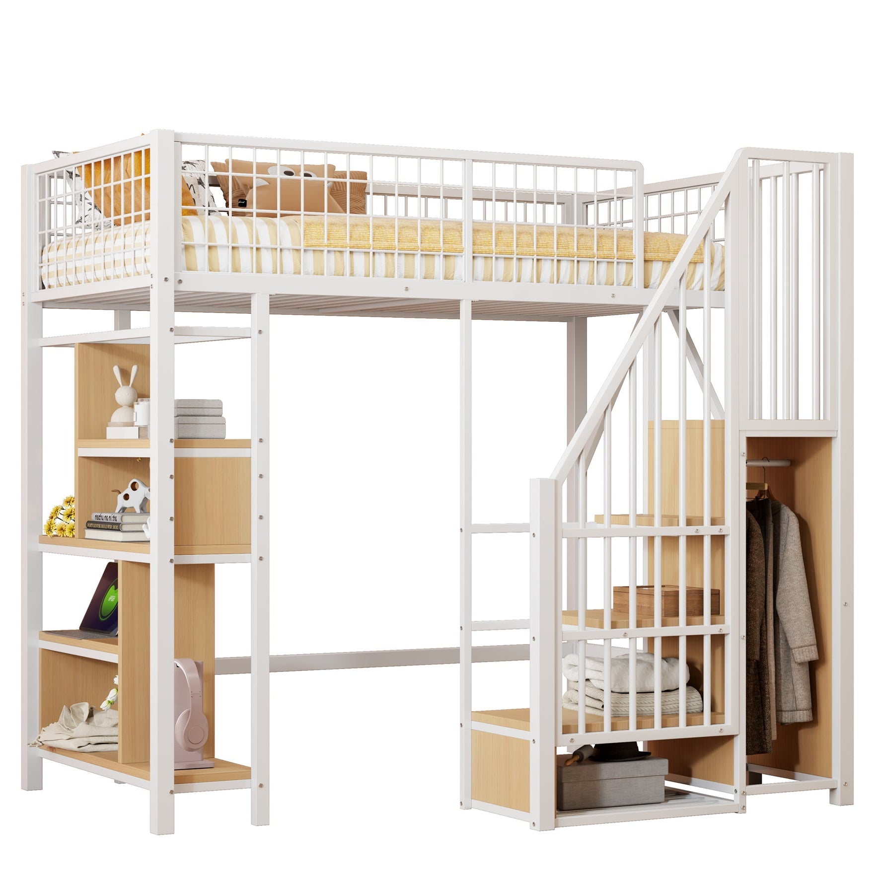 Multifunctional Loft Bed 90x200cm Storage Shelves Stairs, Metal White