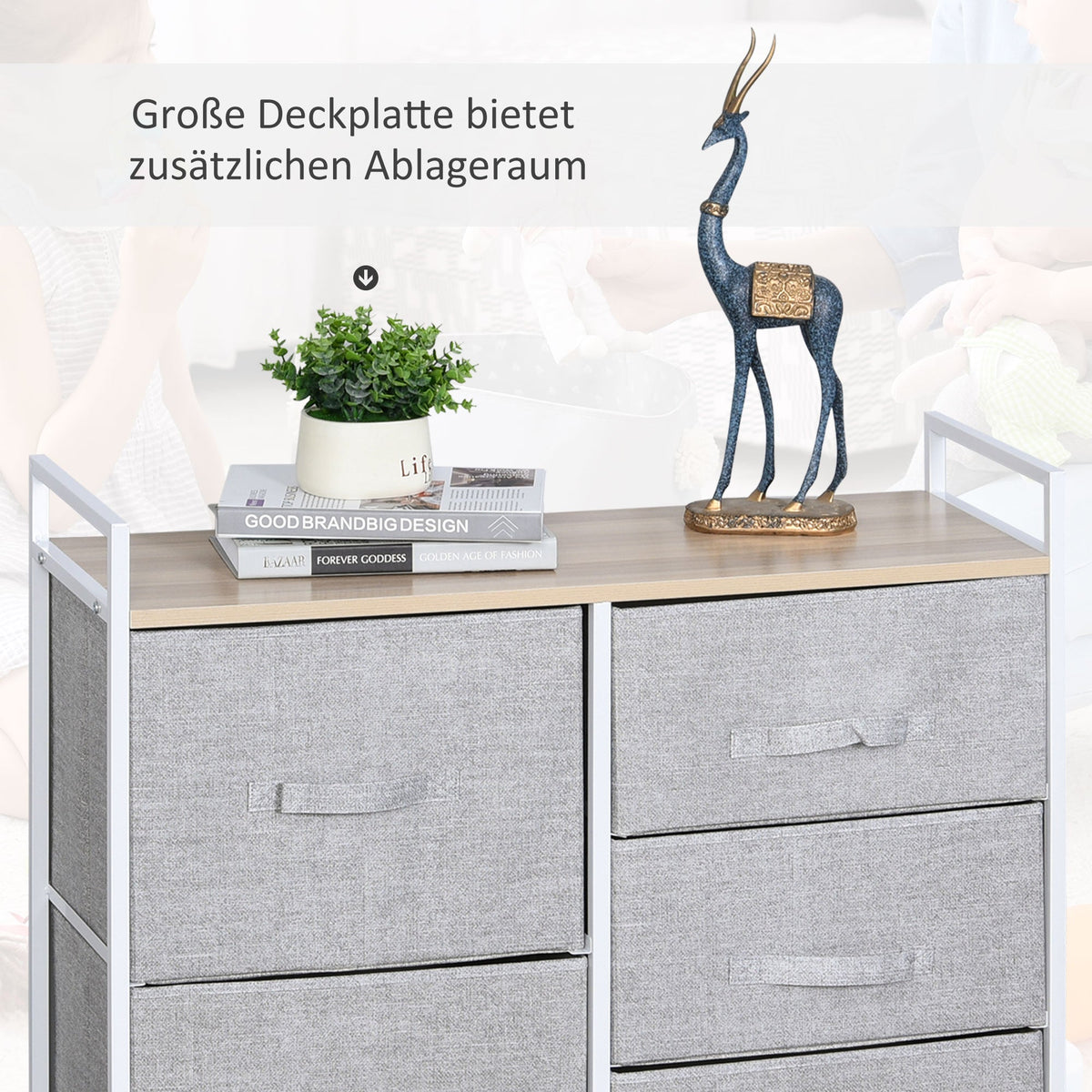 Chest of Drawers, 5 Fabric Drawers, Grey Fabric Wood Metal Frame