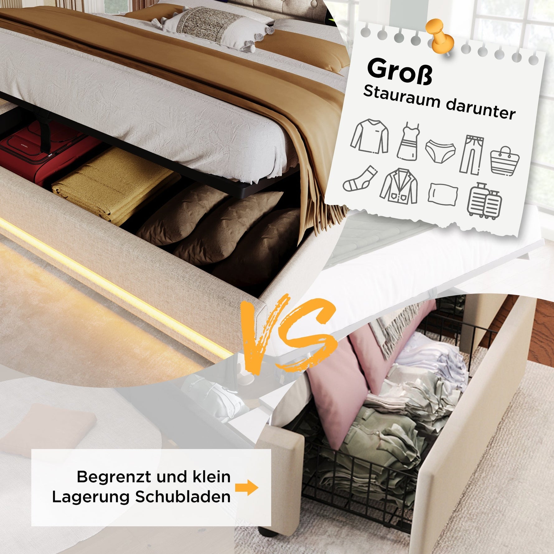 Upholstered Double Bed, 140*200cm Hydraulic Storage with LED & USB, White PU