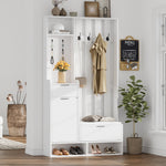 6-in-1 Coat Rack Shoe Cabinet, 8 Hooks, Shoe Bench, Compact Wardrobe Drawers/Shelves, White