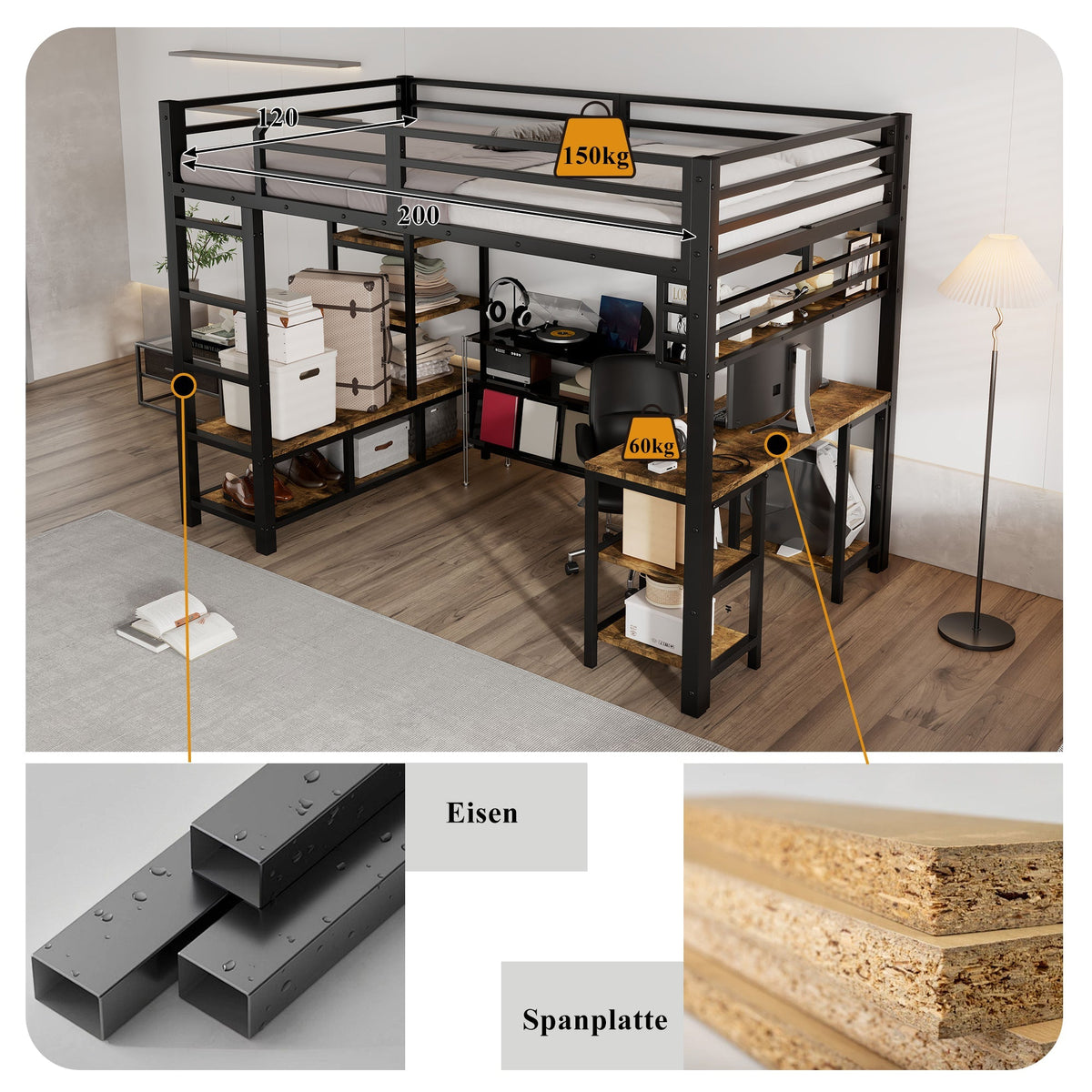 Loft Bed with Desk, Storage, Sturdy Slats, 4-Step Ladder, 120x200cm, Iron + Chipboard Black/Dark