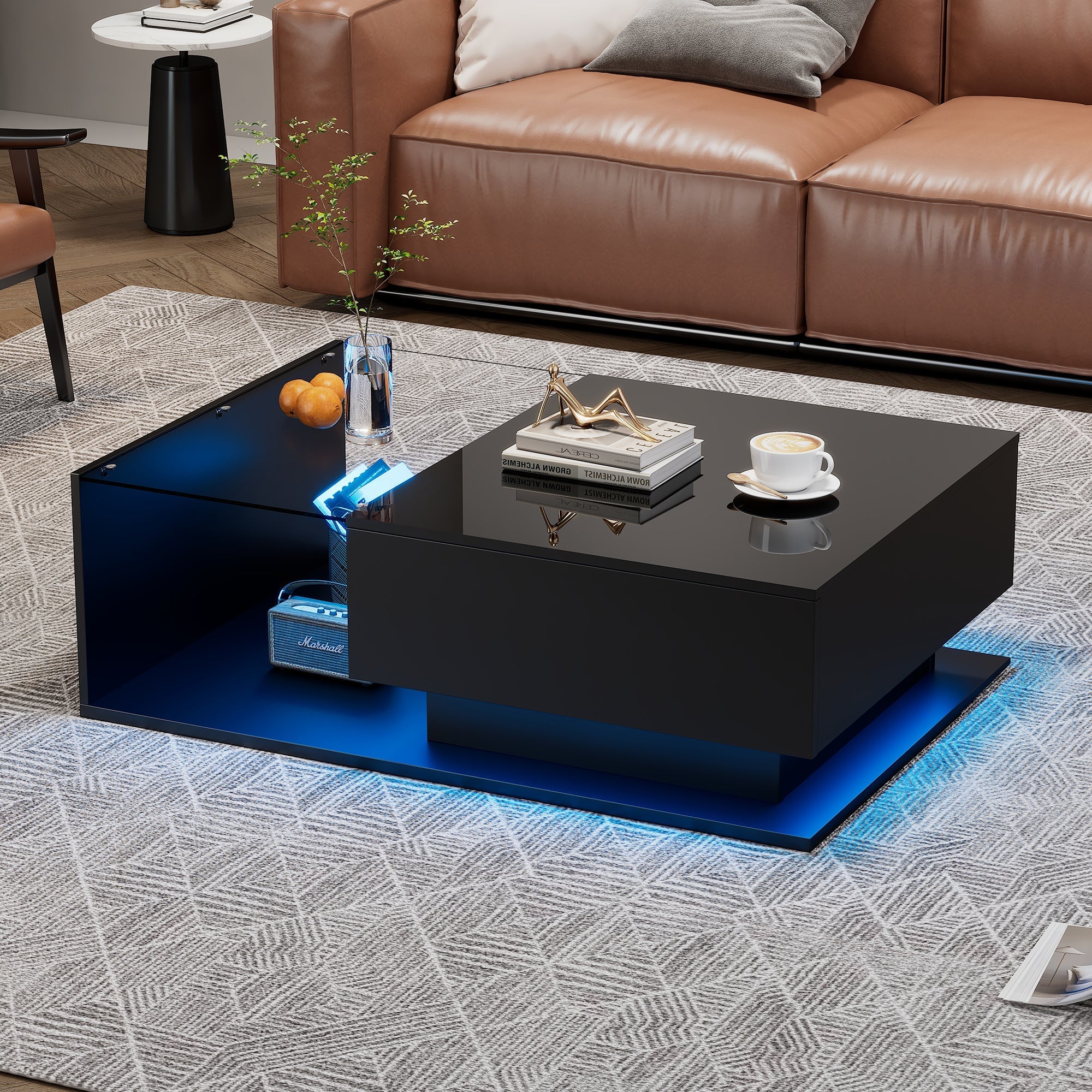 High-gloss Black Coffee Table with Glass Top & Drawers