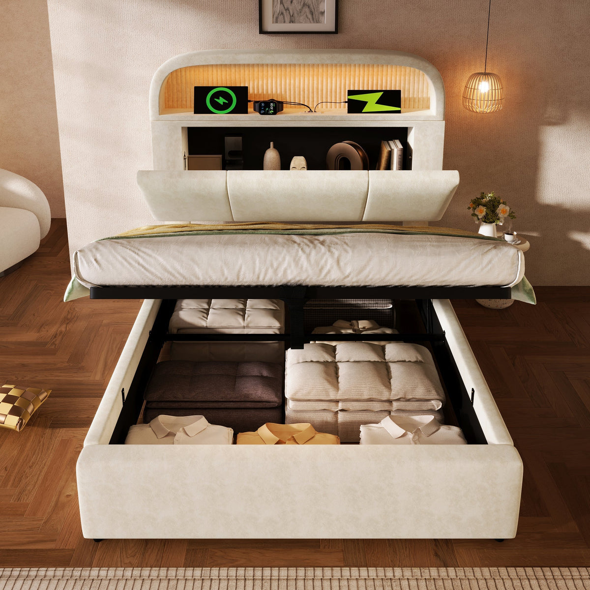 Upholstered Single Bed 90x200cm Adjustable Storage Headboard Hydraulic LED & USB/Type-C Charging Velvet Beige