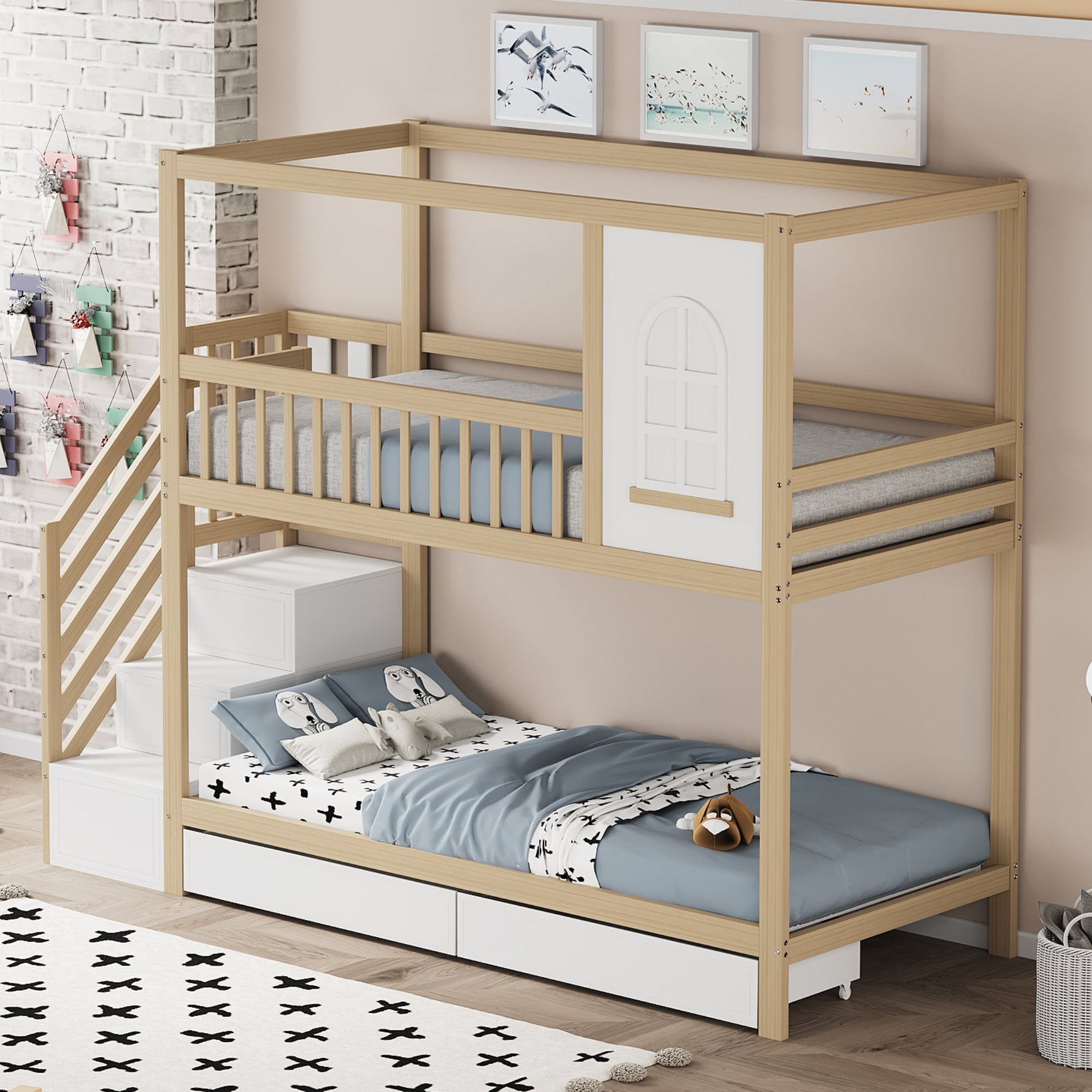 Bunk Bed, 90x200cm House Shape with Drawers & Ladder, Solid Wood, Wood Color