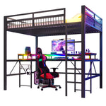 Loft Bed with Desk, LED Lights, Pegboard and Charging Ports, Black Iron Frame