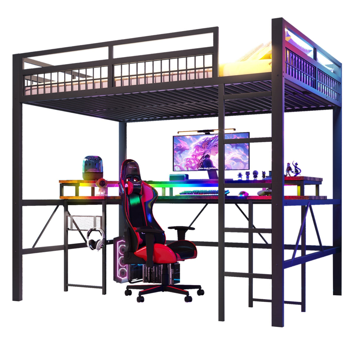 Loft Bed with Desk, LED Lights, Pegboard and Charging Ports, Black Iron Frame