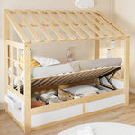 Kids Country Bed 90x200cm with Storage & Roof, Wood & White