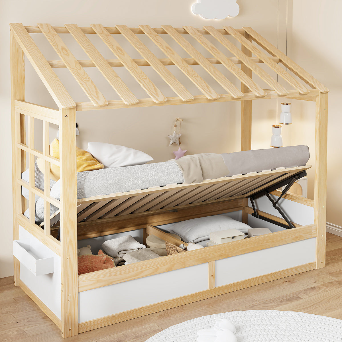 Kids Country Bed 90x200cm with Storage & Roof, Wood & White