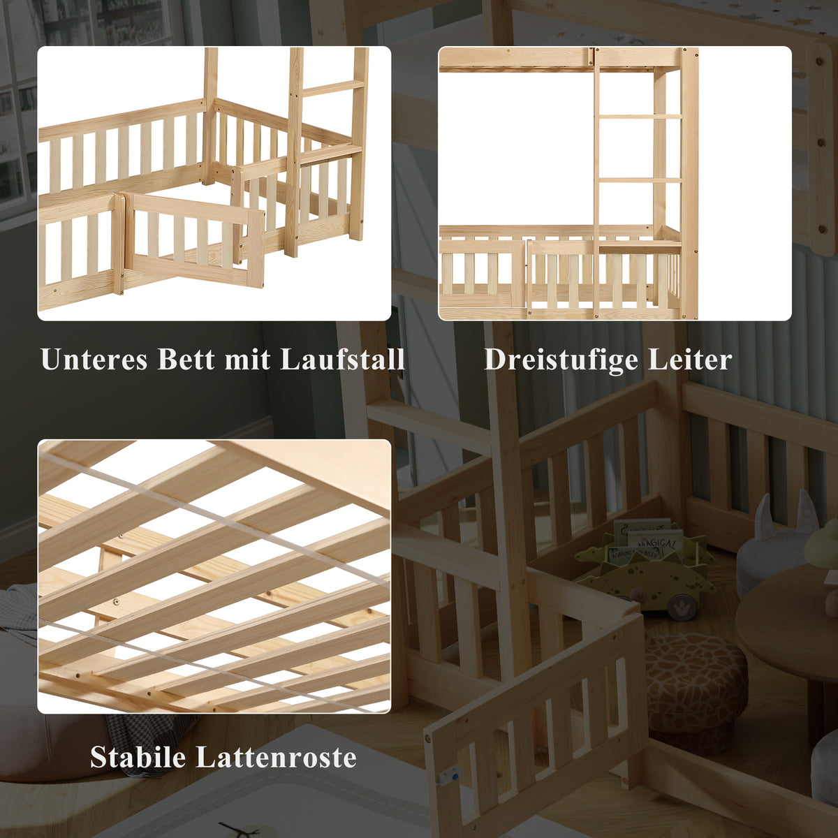 Wooden Bunk Bed 90x200cm with Stairs & Railing, Natural Pine Wood