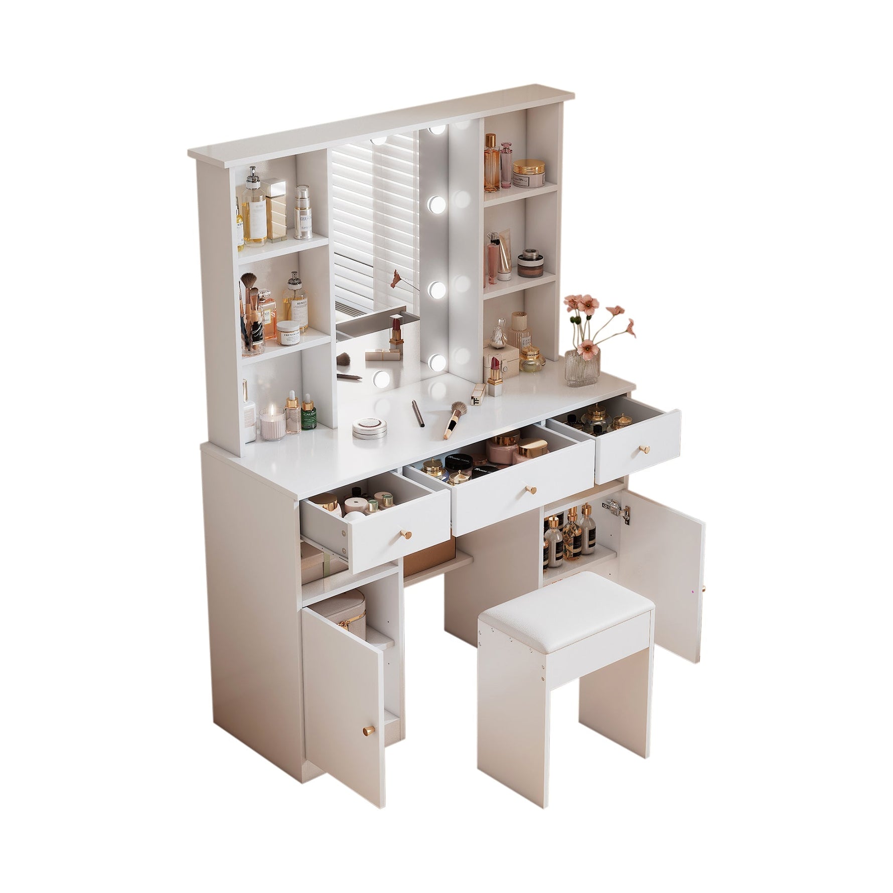 Dressing Table with LED lighting, Mirror, Stool, 3 Drawers, 2 Doors, White
