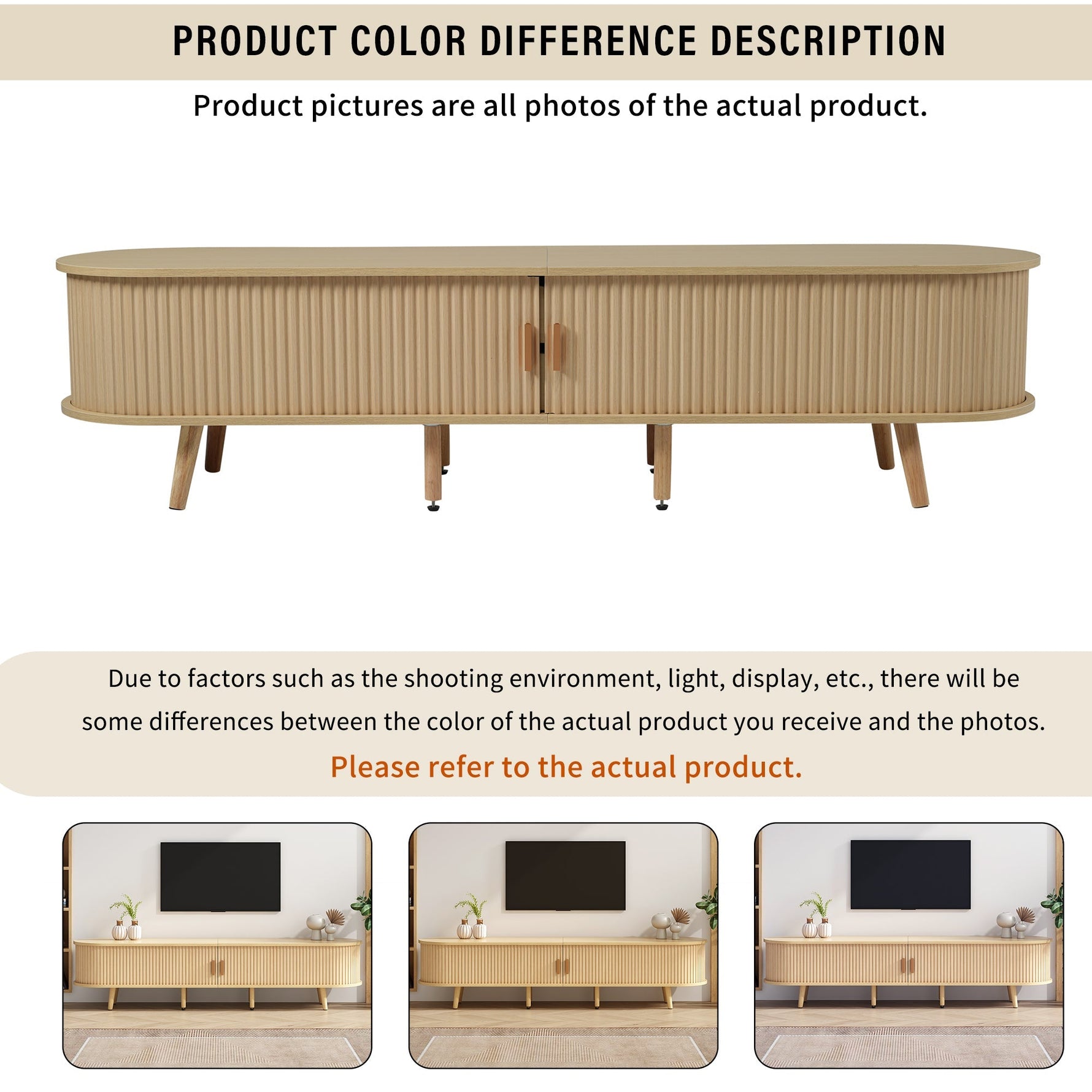 Living Room TV Cabinet with Storage, Round Table Top, 2 Drawers, MDF Wood Grain