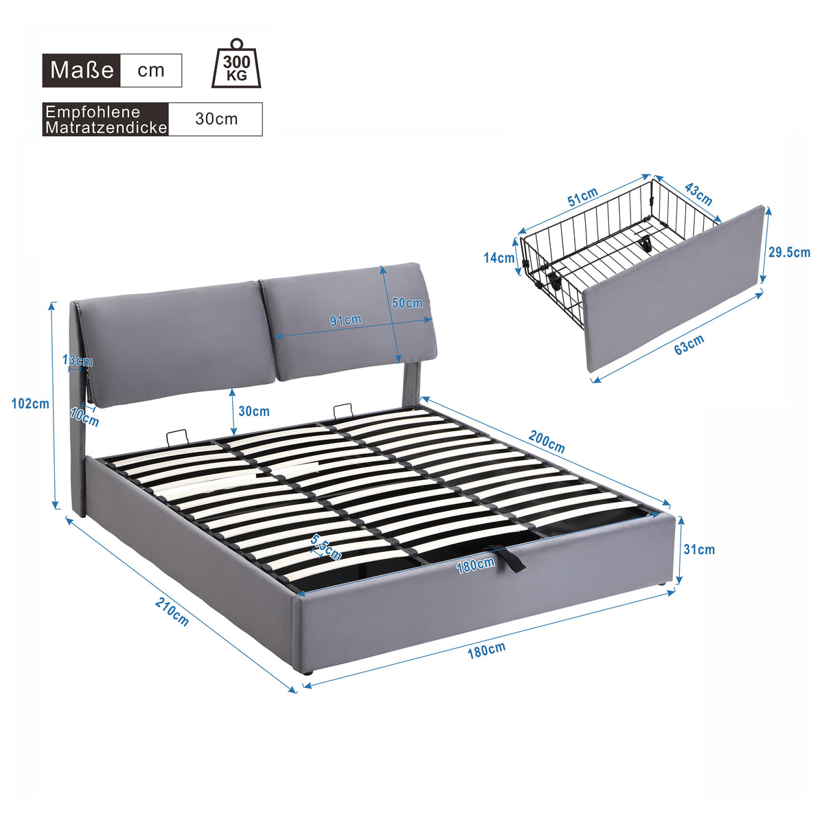 Upholstered Bed 180x200 with Hydraulic Storage, Grey Velvet