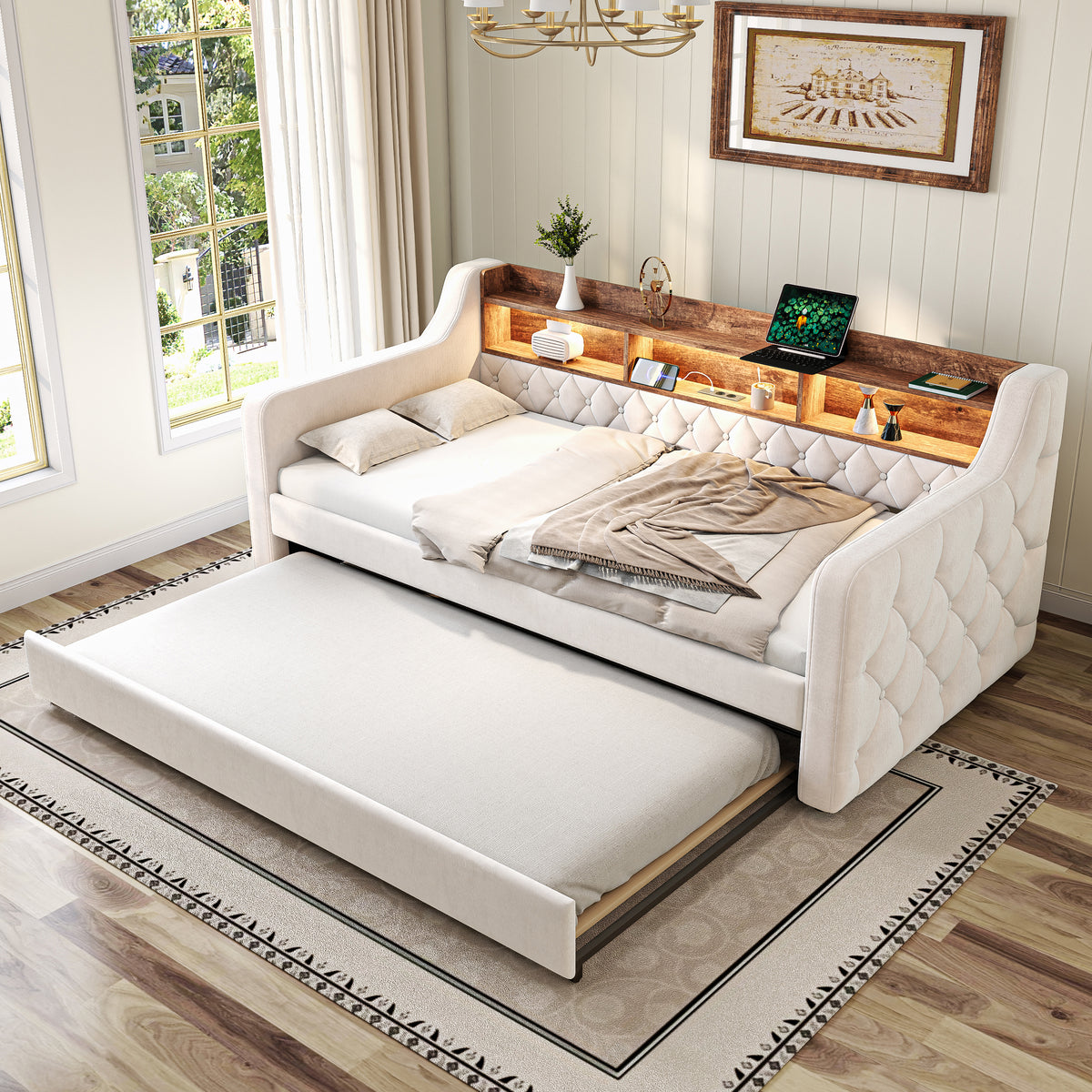 Space-Saving Sofa Bed 90x190cm with Storage & LED, Beige Velvet