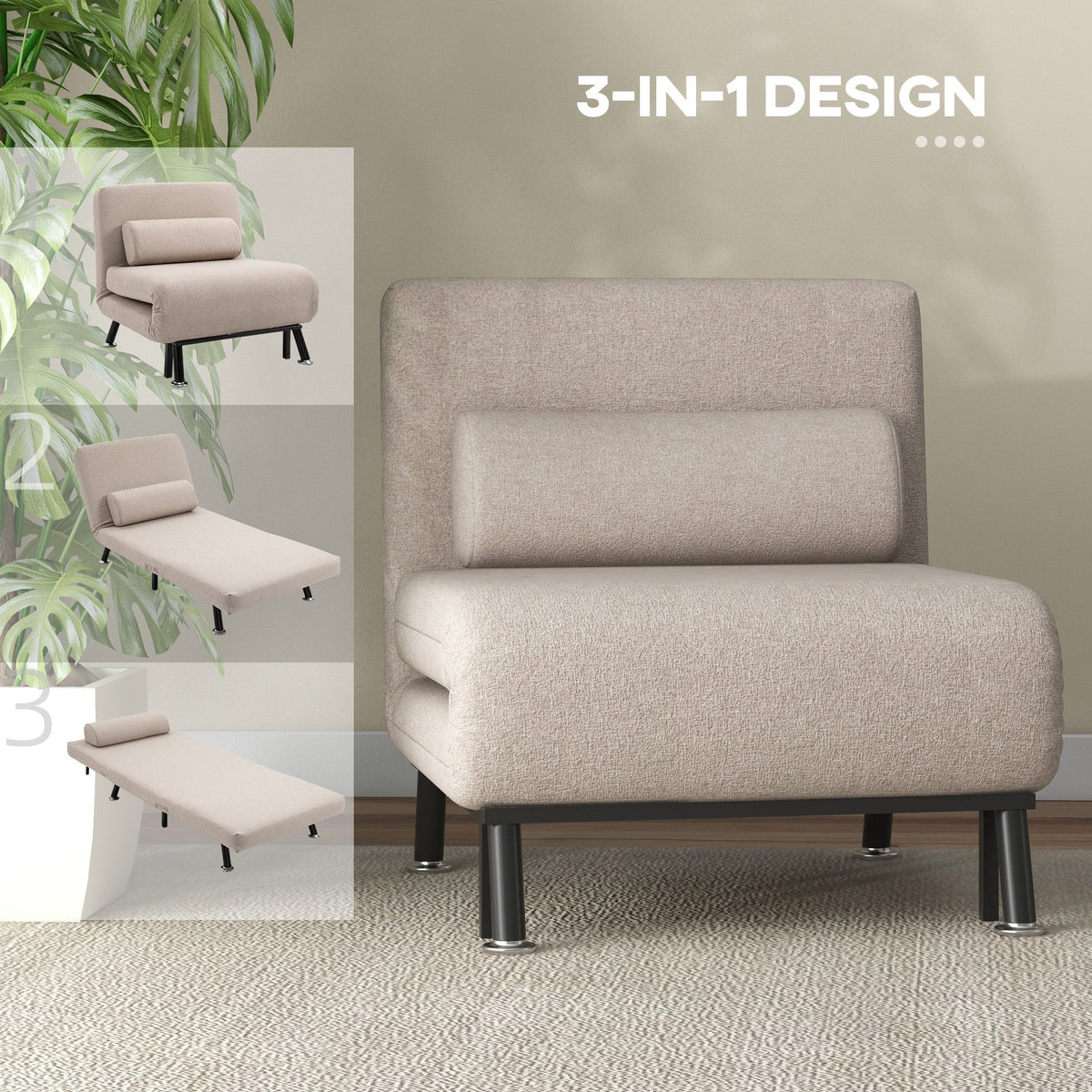 Sleeper Chair Folding Recliner with Bed Function, Adjustable Backrest, Beige Linen Look