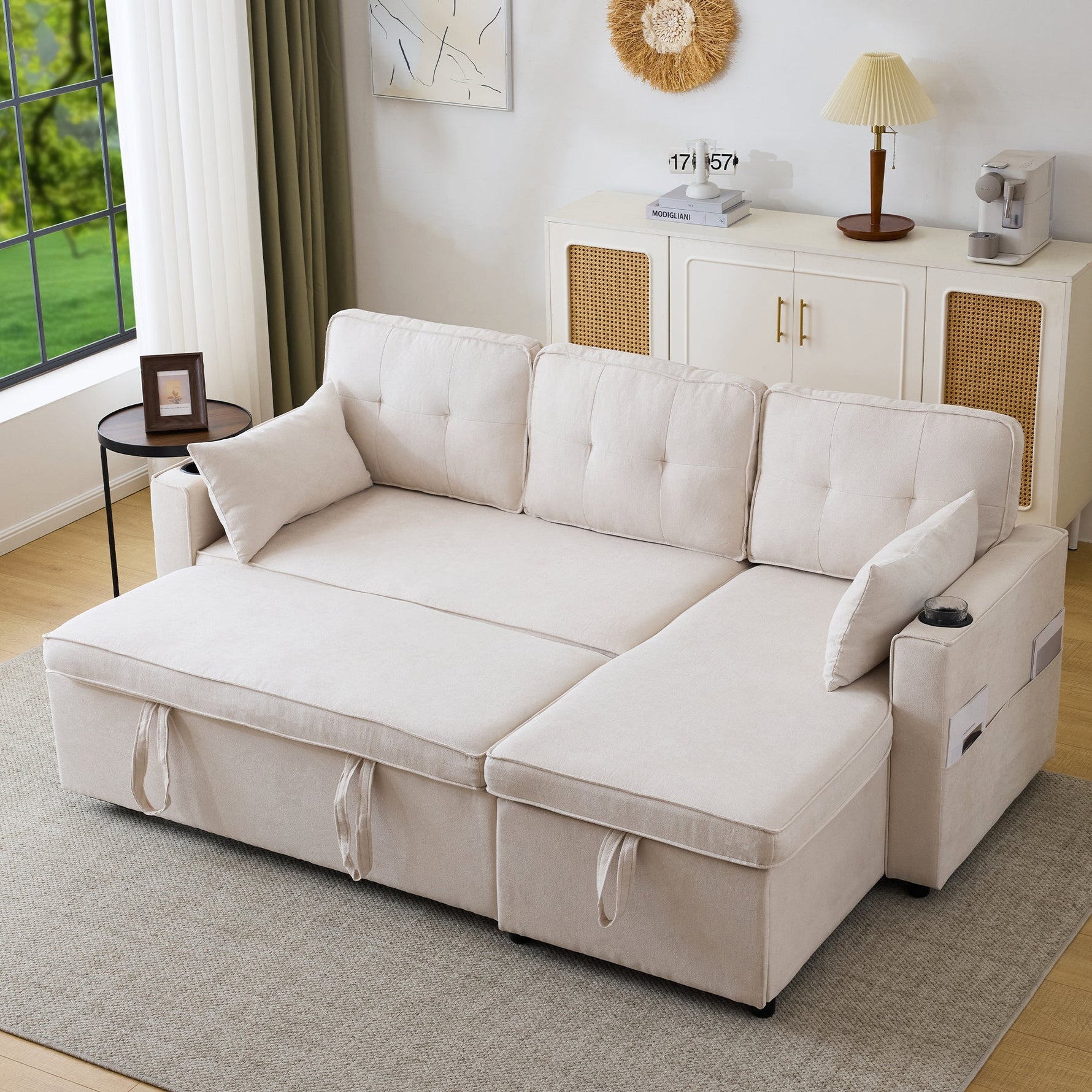 Sofa Bed L-Shaped Sleeping Function Storage Cup Holder Upholstered