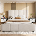 Upholstered Bed Frame, Modern with USB Port, Iron & Wood, Beige