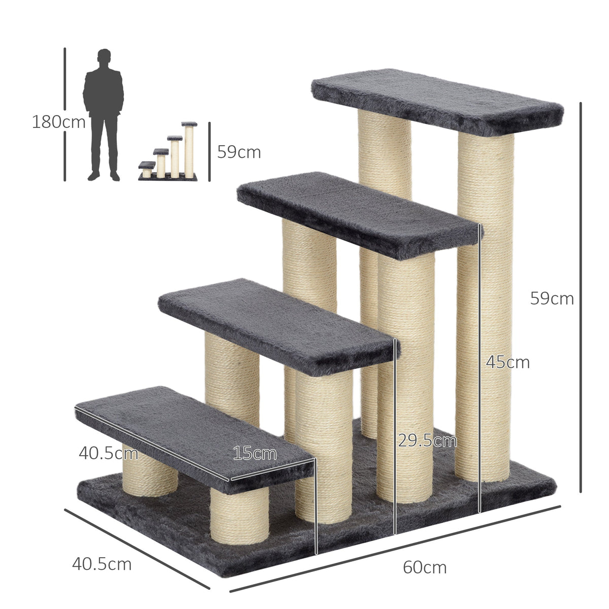 Pet Stairs 4-Step Dog & Kitten, Soft Plush, Grey