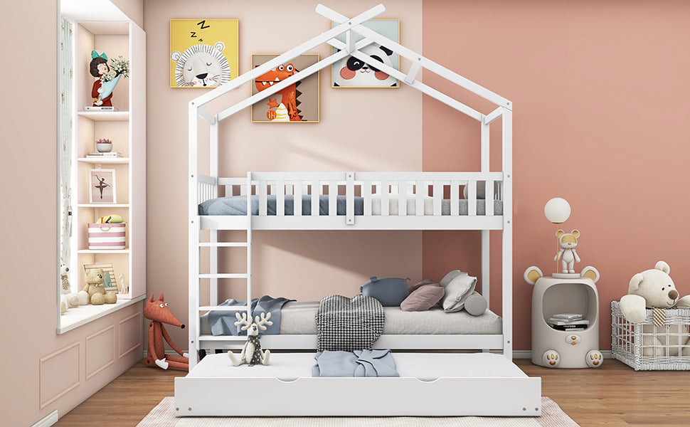 House Bed 90x200cm Triple Extendable Space-Saving - White