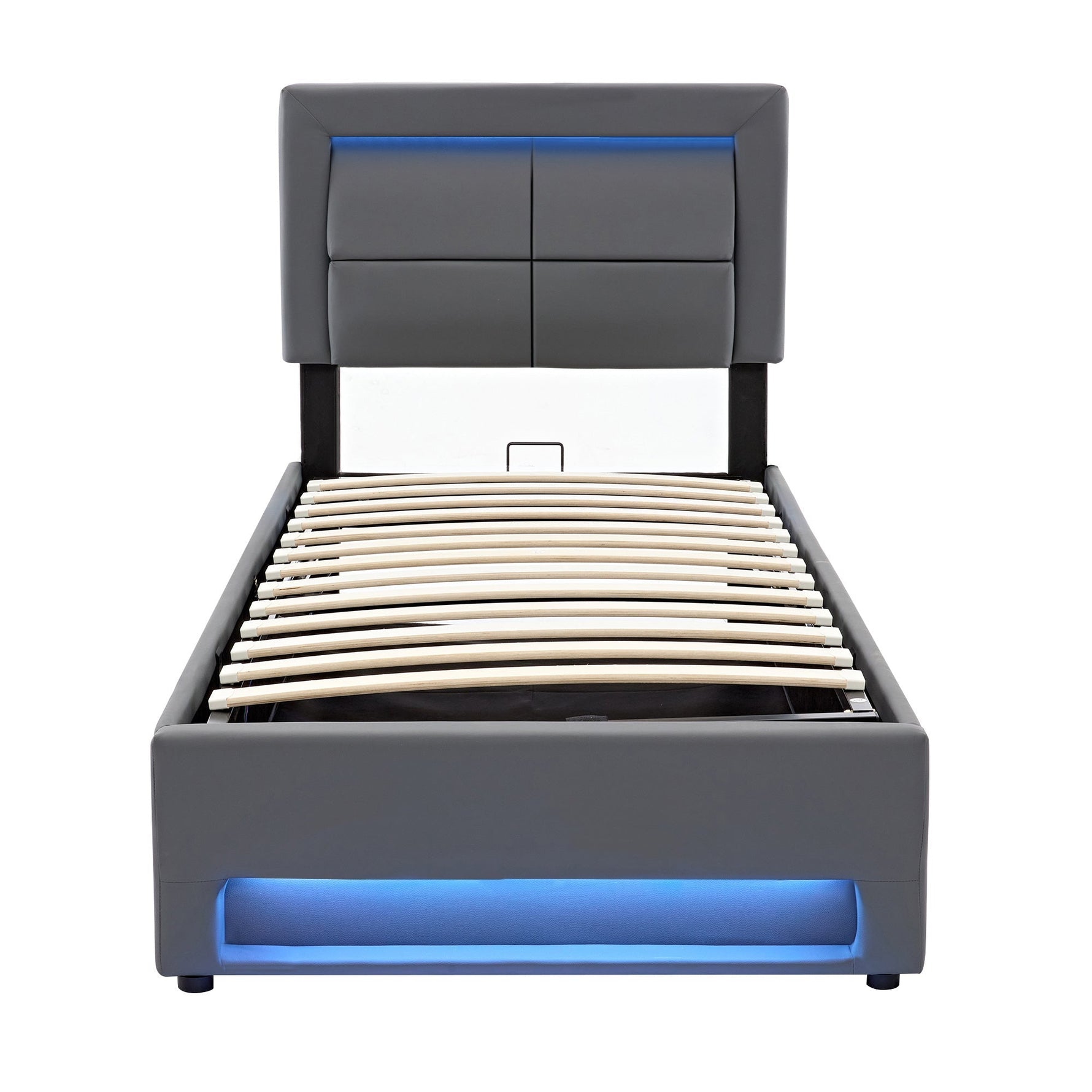 Upholstered Bed 90x200cm LED Storage USB/Wireless Charging - PU Lychee Grey
