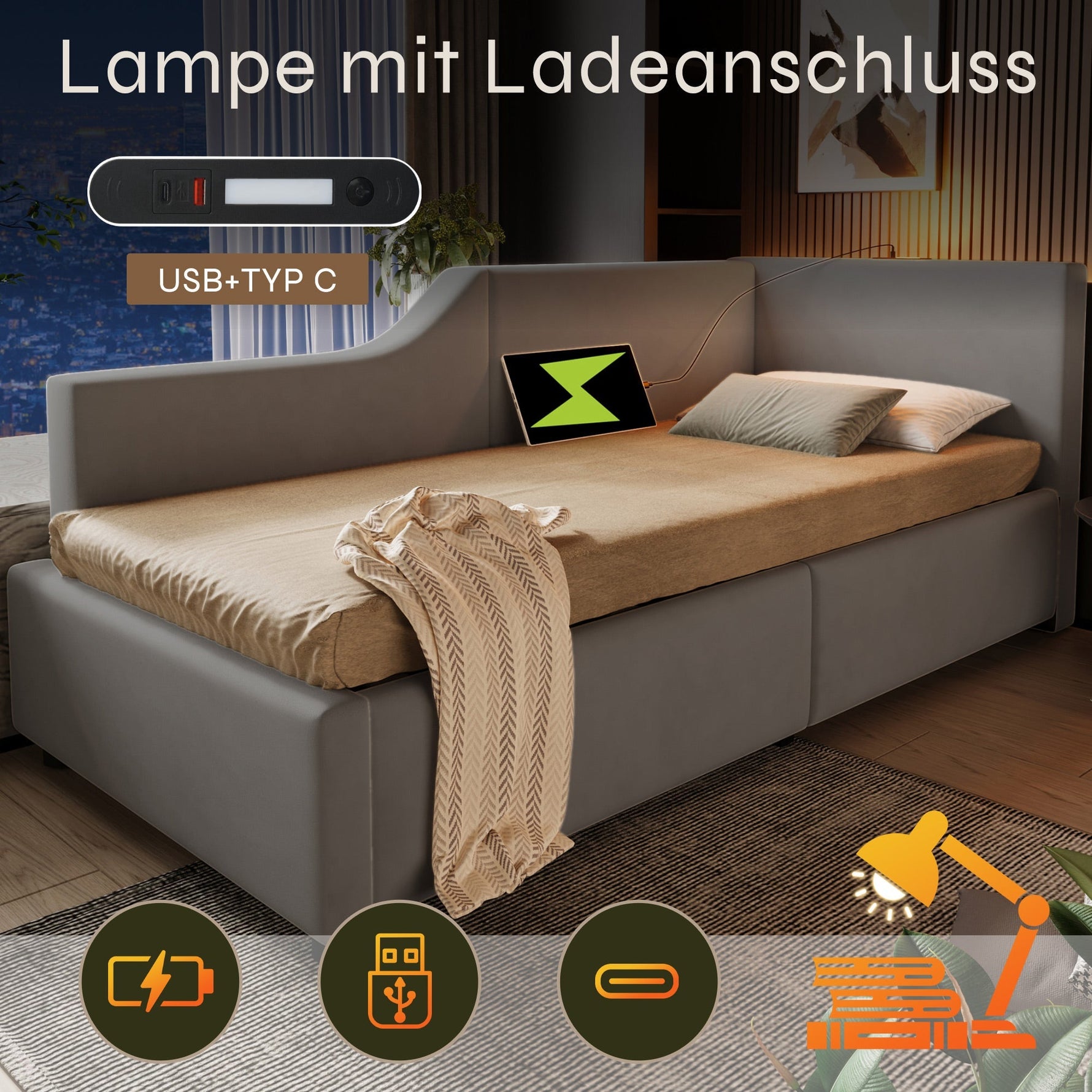 Upholstered Daybed 90x200cm, Sofa Bed with Hydraulic Storage, Reading Light, USB-C, Velvet Grey