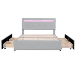 Linen Upholstered Bed with LED Headboard & Storage Drawers, Grey