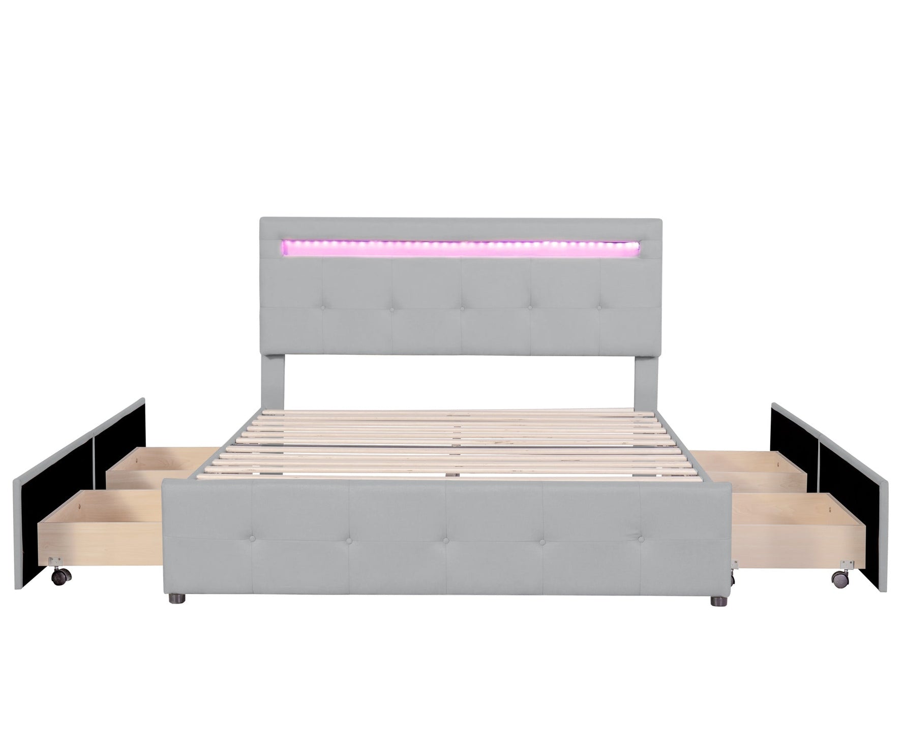 Linen Upholstered Bed with LED Headboard & Storage Drawers, Grey