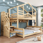 Children's Bunk House Bed 90x200/140x200 with Storage, Natural Wood