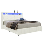 Upholstered Platform Bed 160x200 LED USB Storage Adjustable Headboard - White