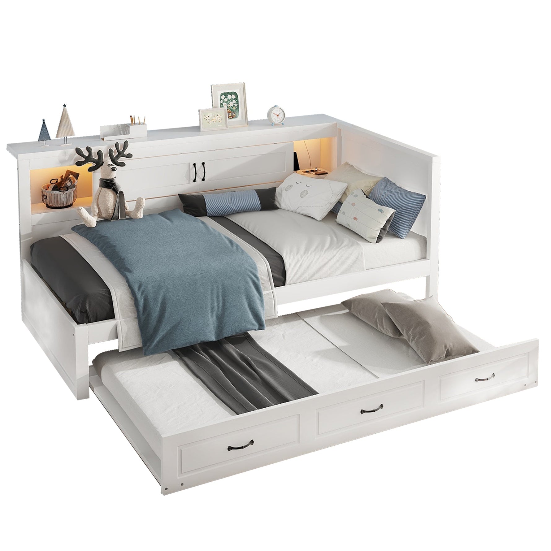 Sofa Bed Daybed with LED Lights, Pull-Out Bed and USB Charging, White