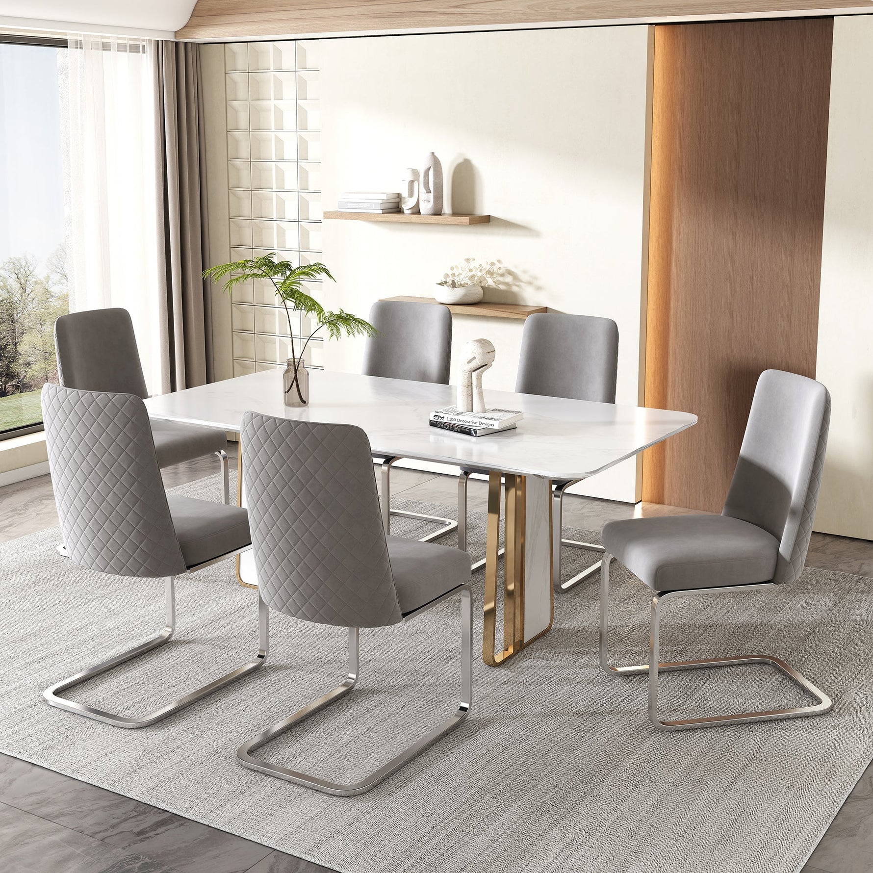 Velvet Dining Chair Set of 4 Diamond Back Luxurious Metal Legs Grey