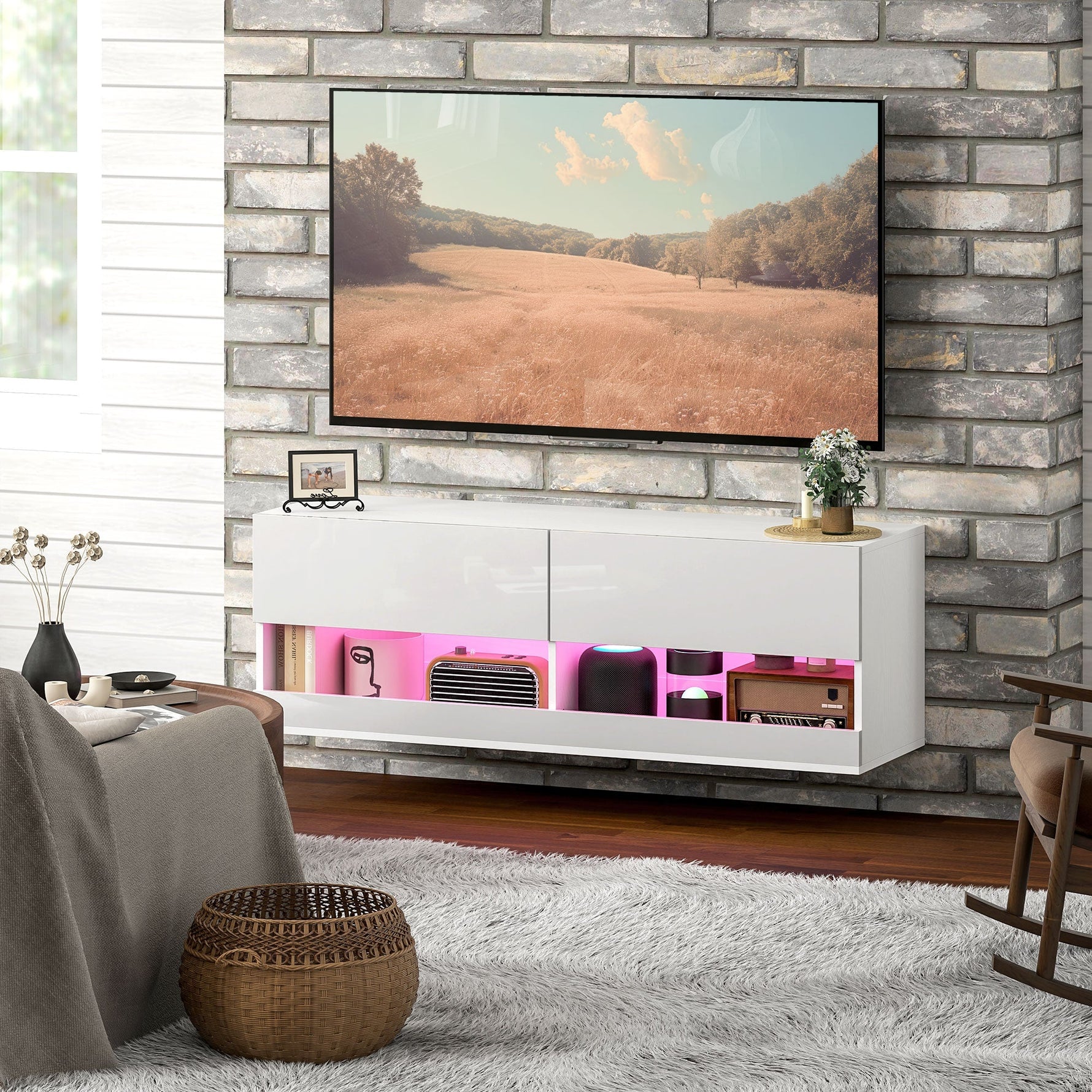 Wall-Mounted TV Cabinet, LED Lighting, Open Shelves, High-Gloss White