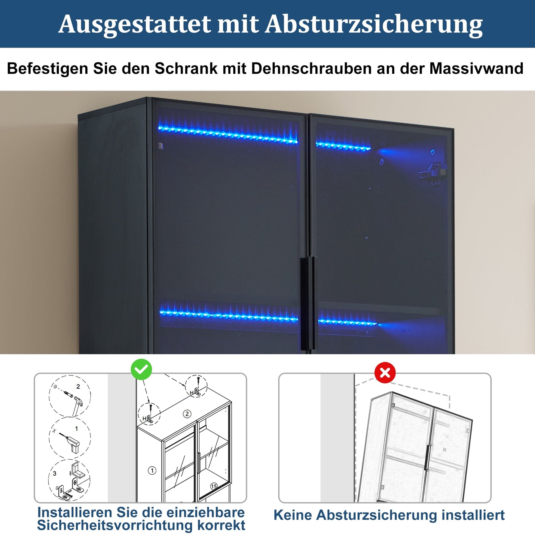 Display Cabinet, Minimalist LED Glass Doors, White with Black Decoration