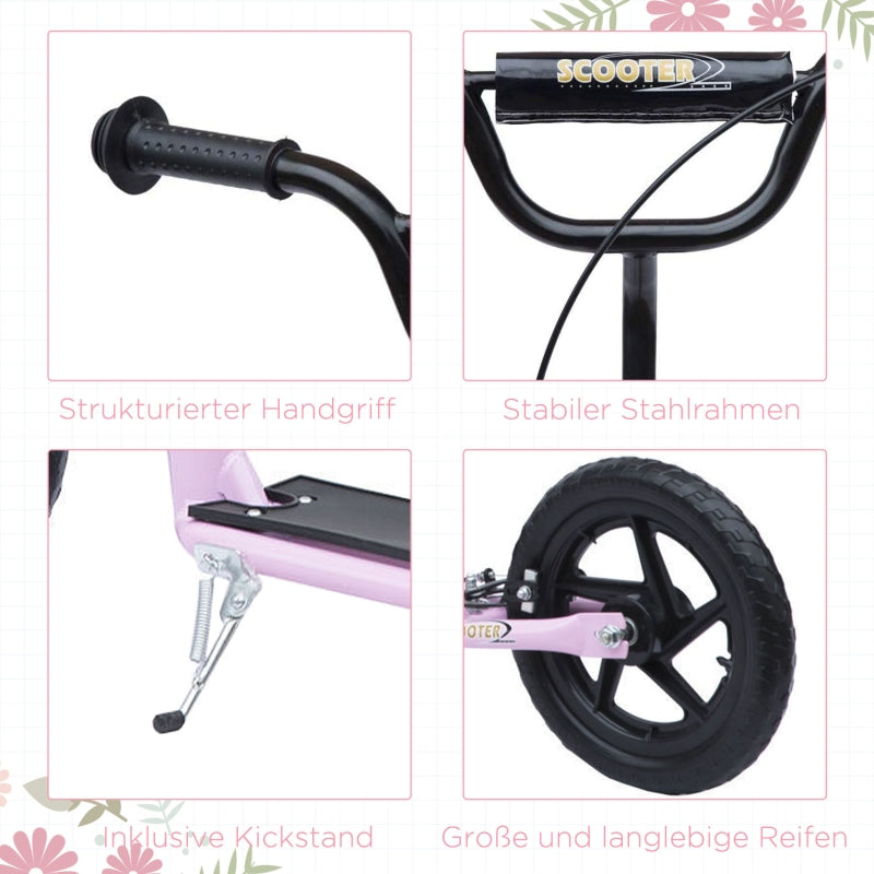 Kids Kick Scooter, 12-inch Wheels, Handbrake & Kickstand, Steel, Pink
