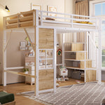Loft Bed 140x200 cm with Storage Ladder, White Iron Frame