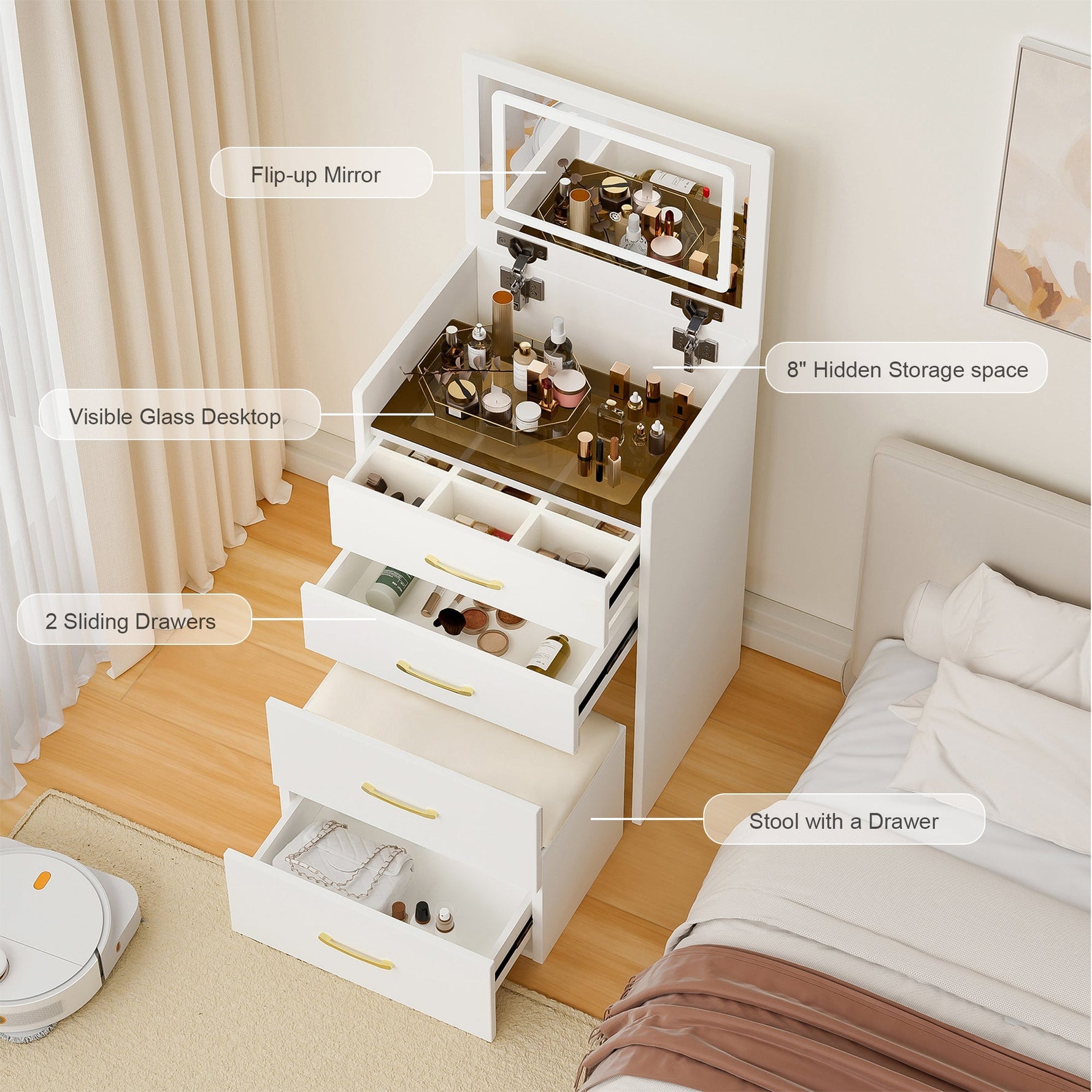 3-in-1 Dressing Table Set, Open Mirror 3 Drawers Compact W60cm, Clear Glass Top